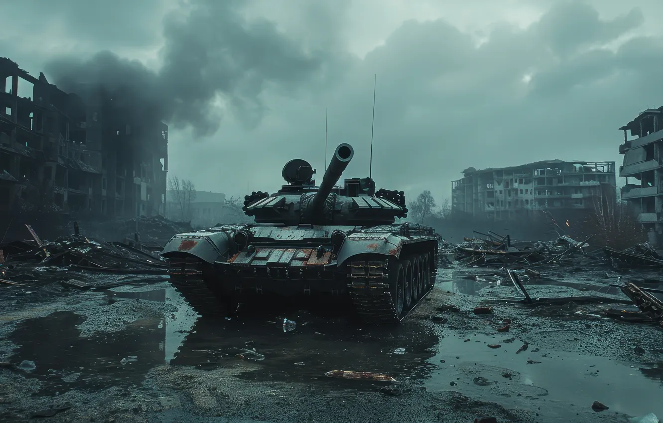 Photo wallpaper Home, The ruins, Tank, Digital art, AI art, The Art of Artificial Intelligence, Neural network, …