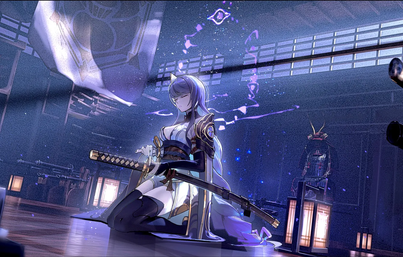 Photo wallpaper girl, sword, fantasy, armor, katana, samurai, weapons, digital art