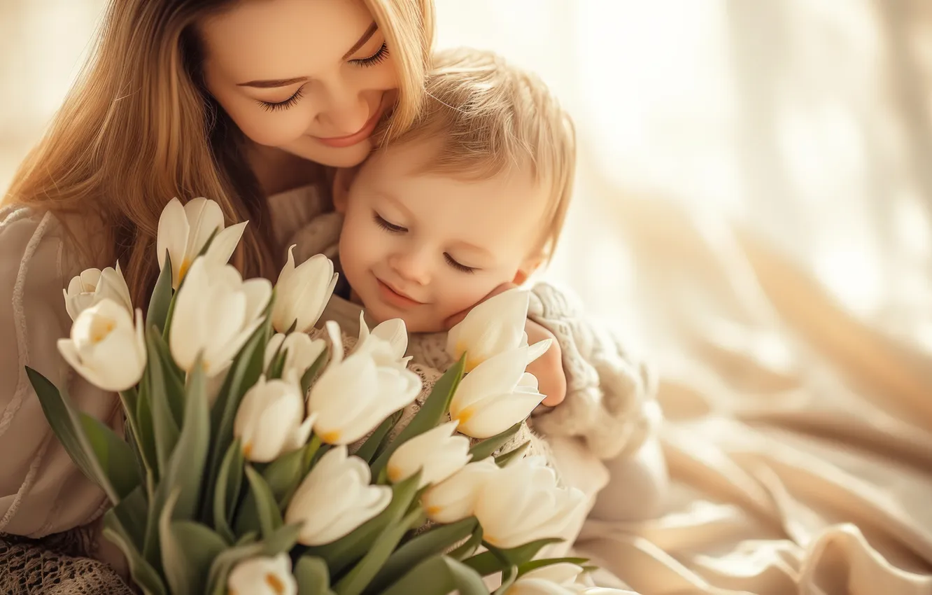 Photo wallpaper girl, flowers, children, holiday, woman, bouquet, boy, baby