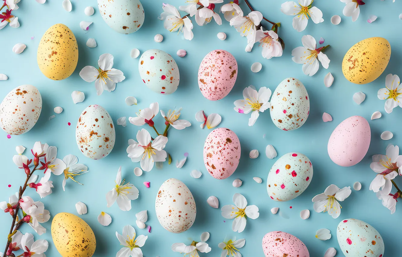 Photo wallpaper flowers, eggs, spring, colorful, Easter, blossom, flowers, spring