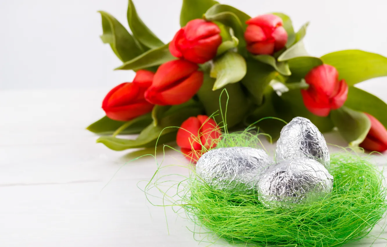Photo wallpaper flowers, holiday, eggs, spring, Easter, socket, tulips, buds