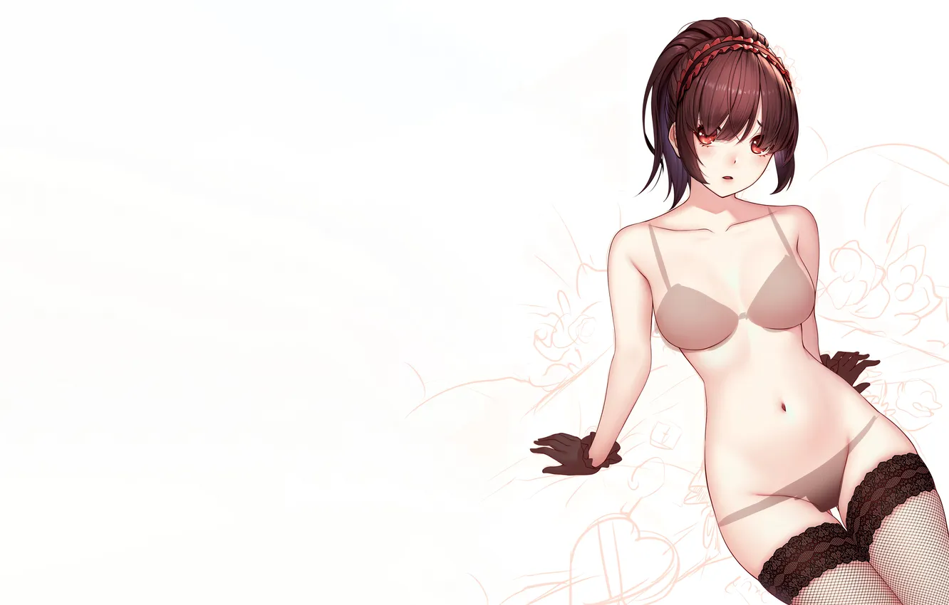 Photo wallpaper girl, sexy, lingerie, bra, cleavage, panties, thighhighs, brown hair