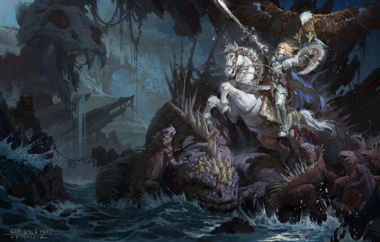 Photo wallpaper sea, weapons, rocks, horse, monster, warrior, art, rider