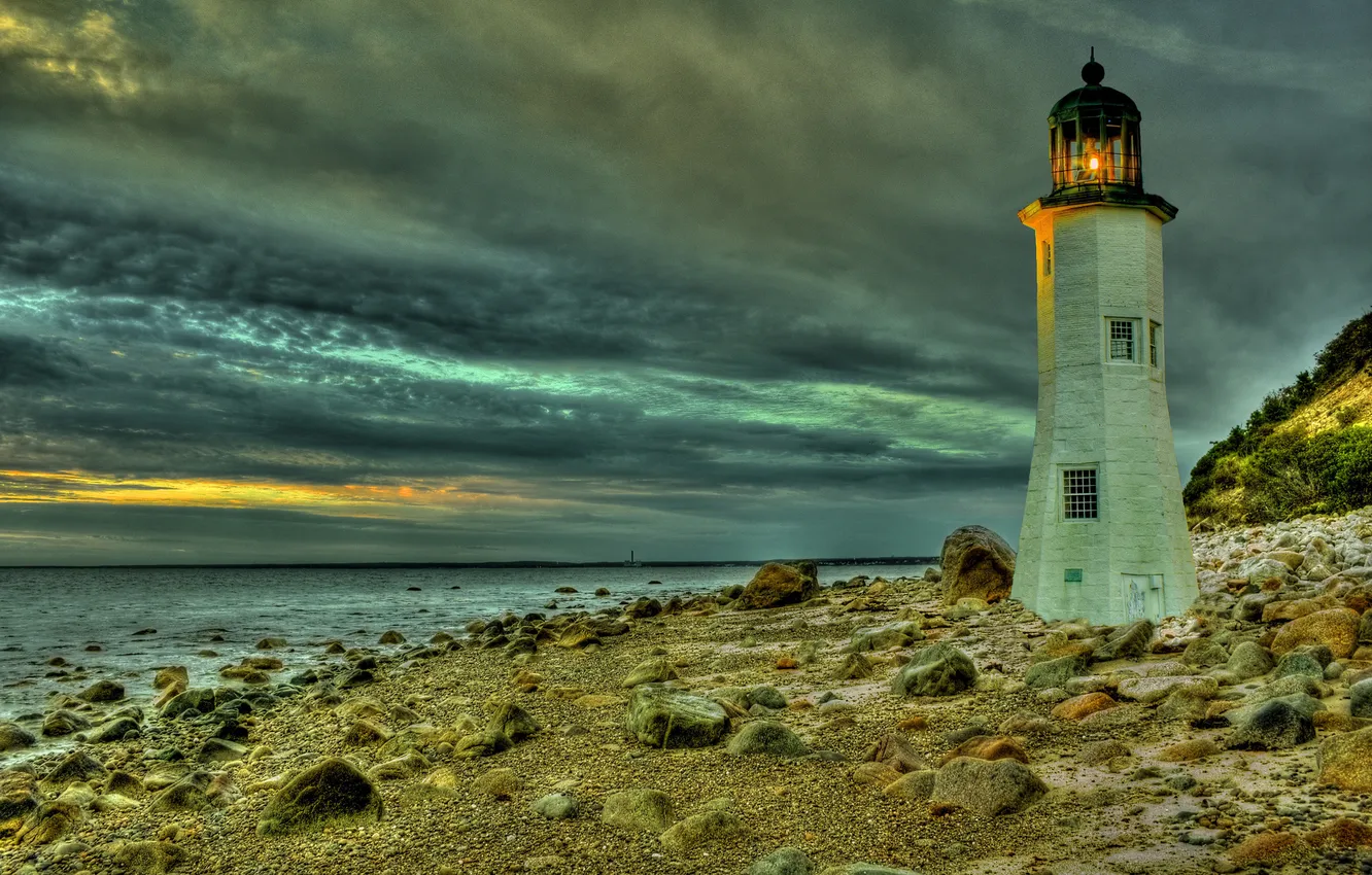Photo wallpaper sea, the sky, clouds, shore, lighthouse, the evening