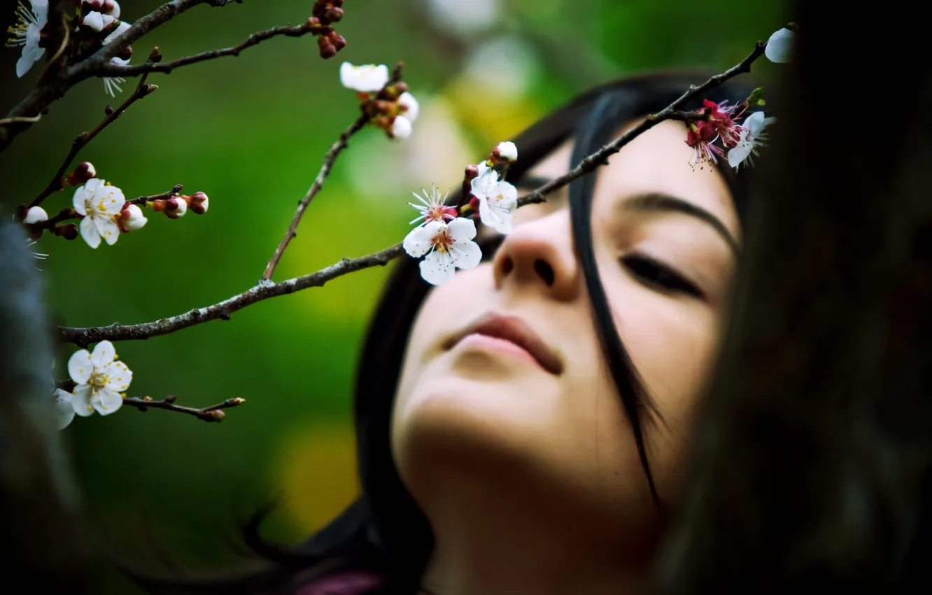 Photo wallpaper girl, flowers, spring