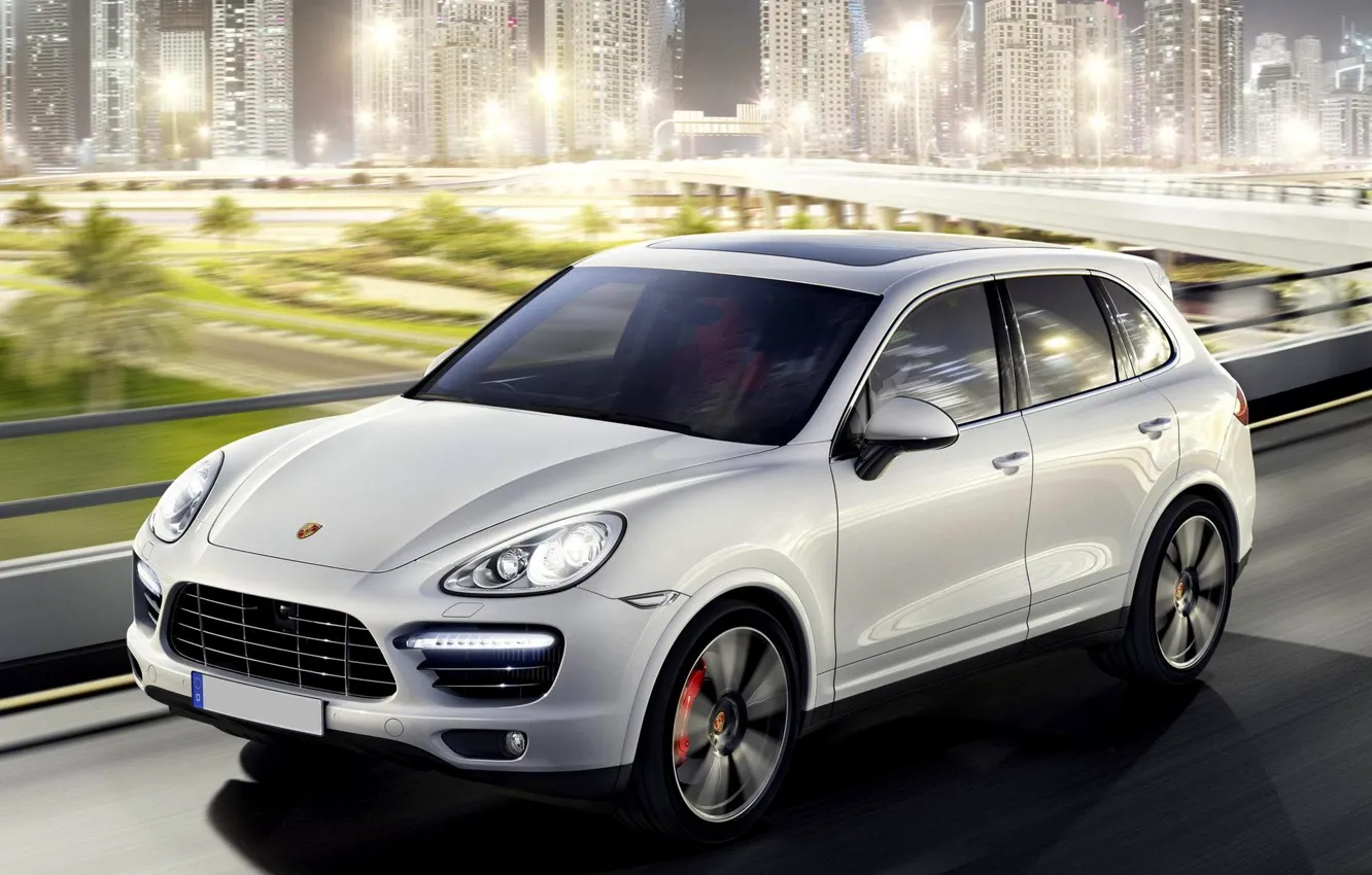 Photo wallpaper Lights, Night, Speed, Skyscrapers, Light, Beautiful, Porsche Cayenne, Car