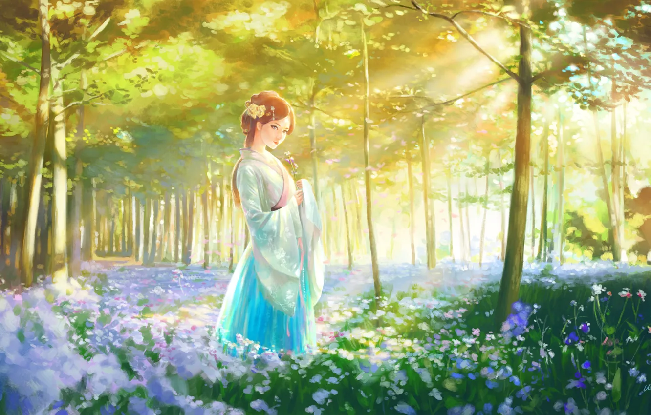 Photo wallpaper summer, girl, light, glade, kimono, flowers, the edge of the forest