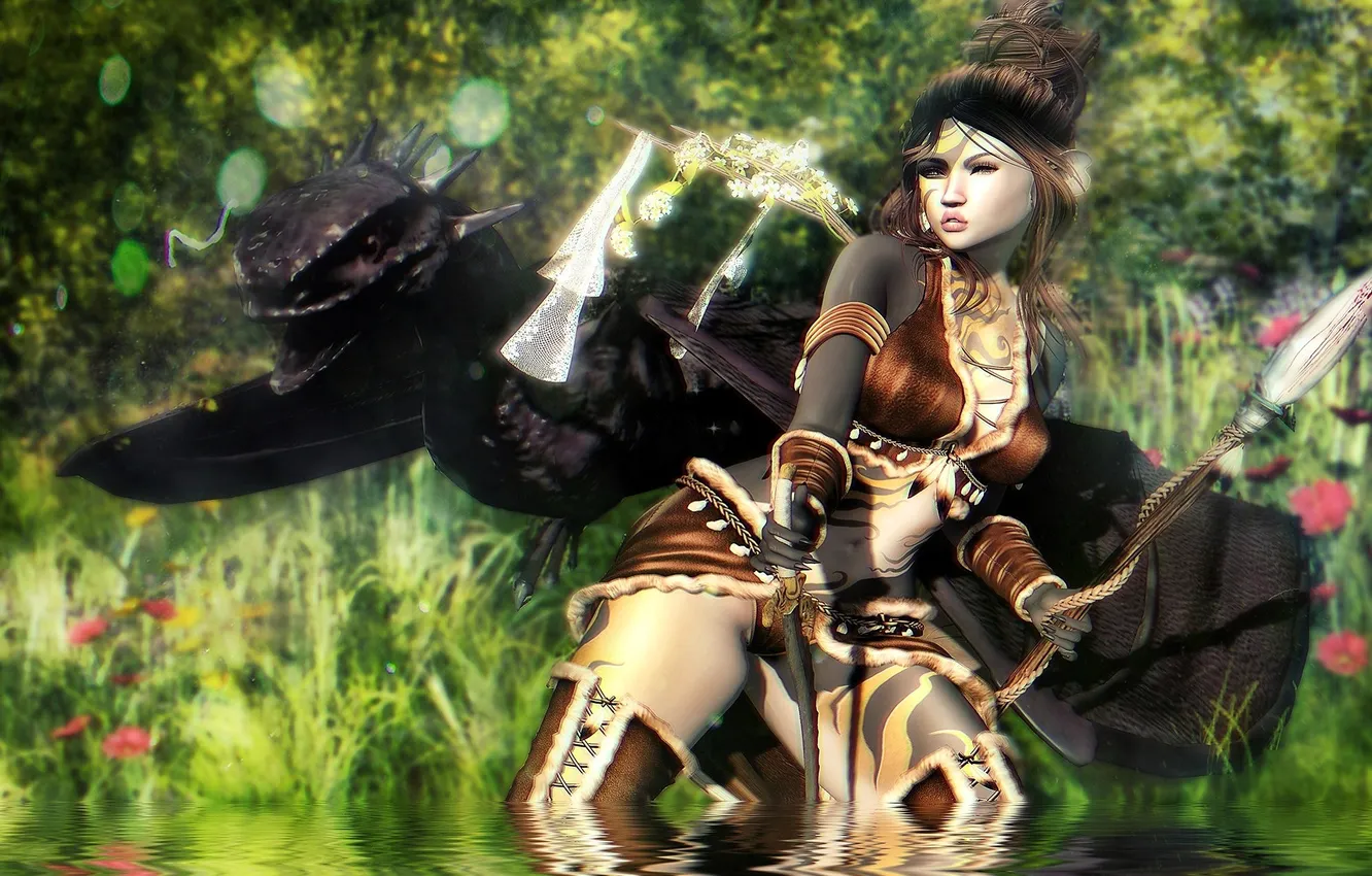 Photo wallpaper grass, girl, trees, lake, dragon, fantasy, spear