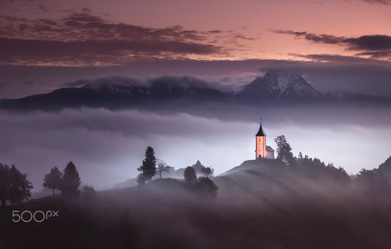 Photo wallpaper clouds, mountains, fog, Church
