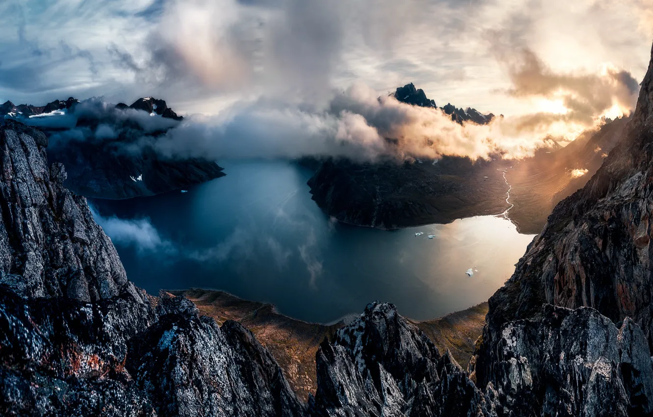 Photo wallpaper shore, mountains, pond, the sky, rocks, clouds