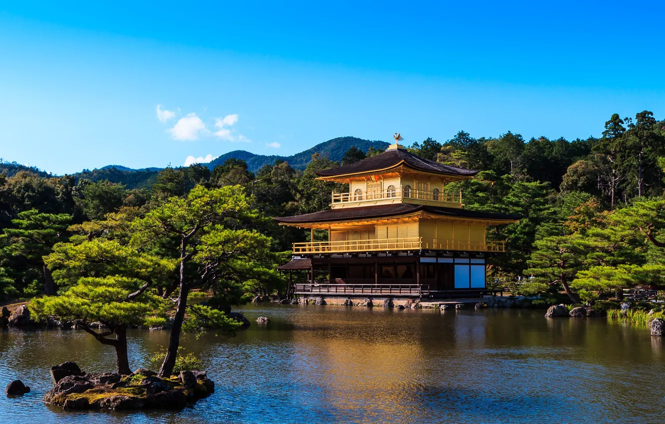 Photo wallpaper the sky, water, the sun, trees, pond, Park, Japan, pagoda