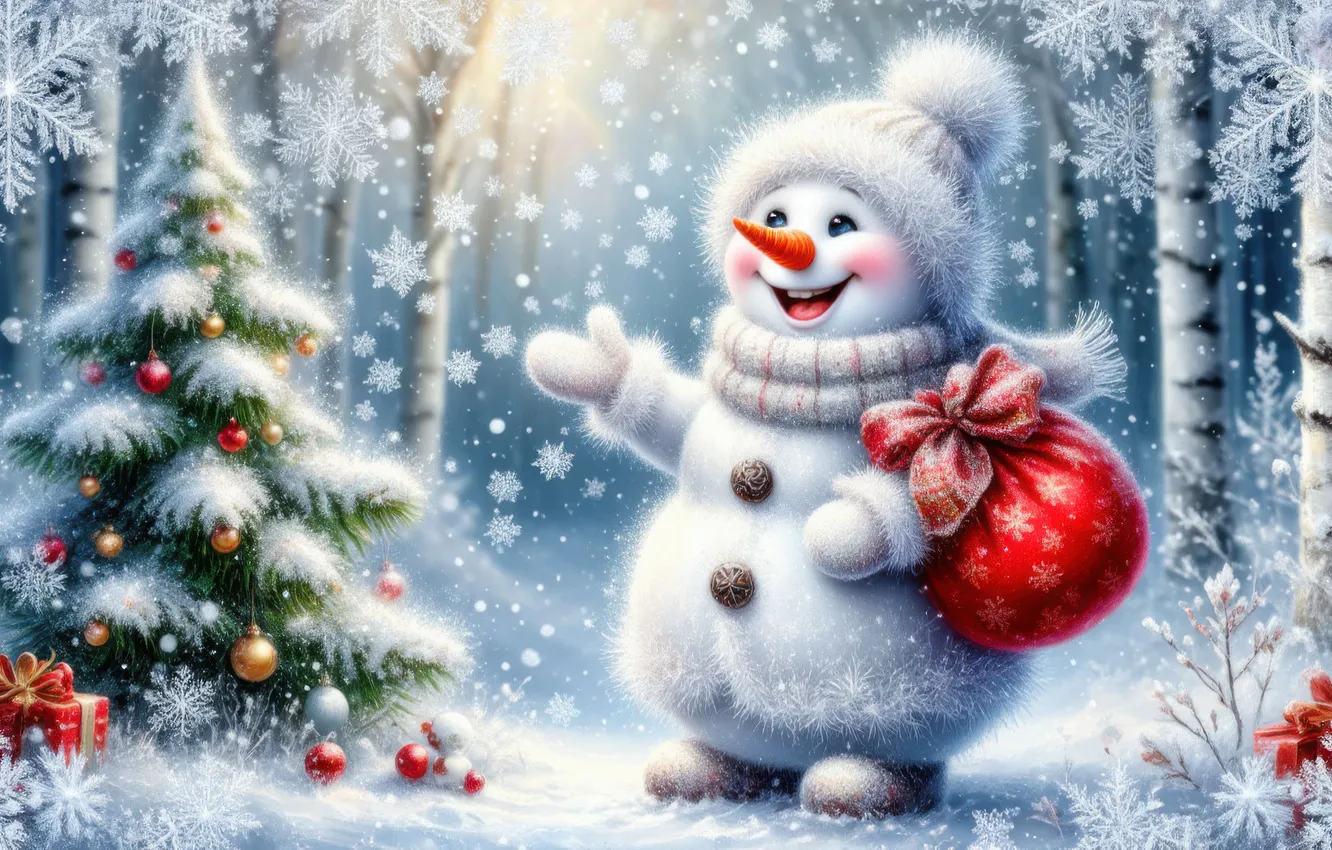 Photo wallpaper winter, forest, balls, snow, trees, snowflakes, smile, glade