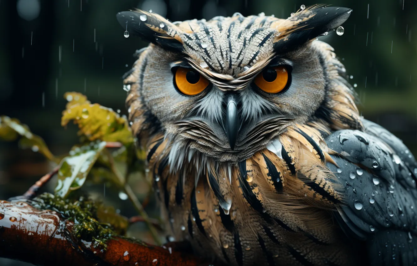 Photo wallpaper look, leaves, drops, close-up, branches, nature, rain, owl