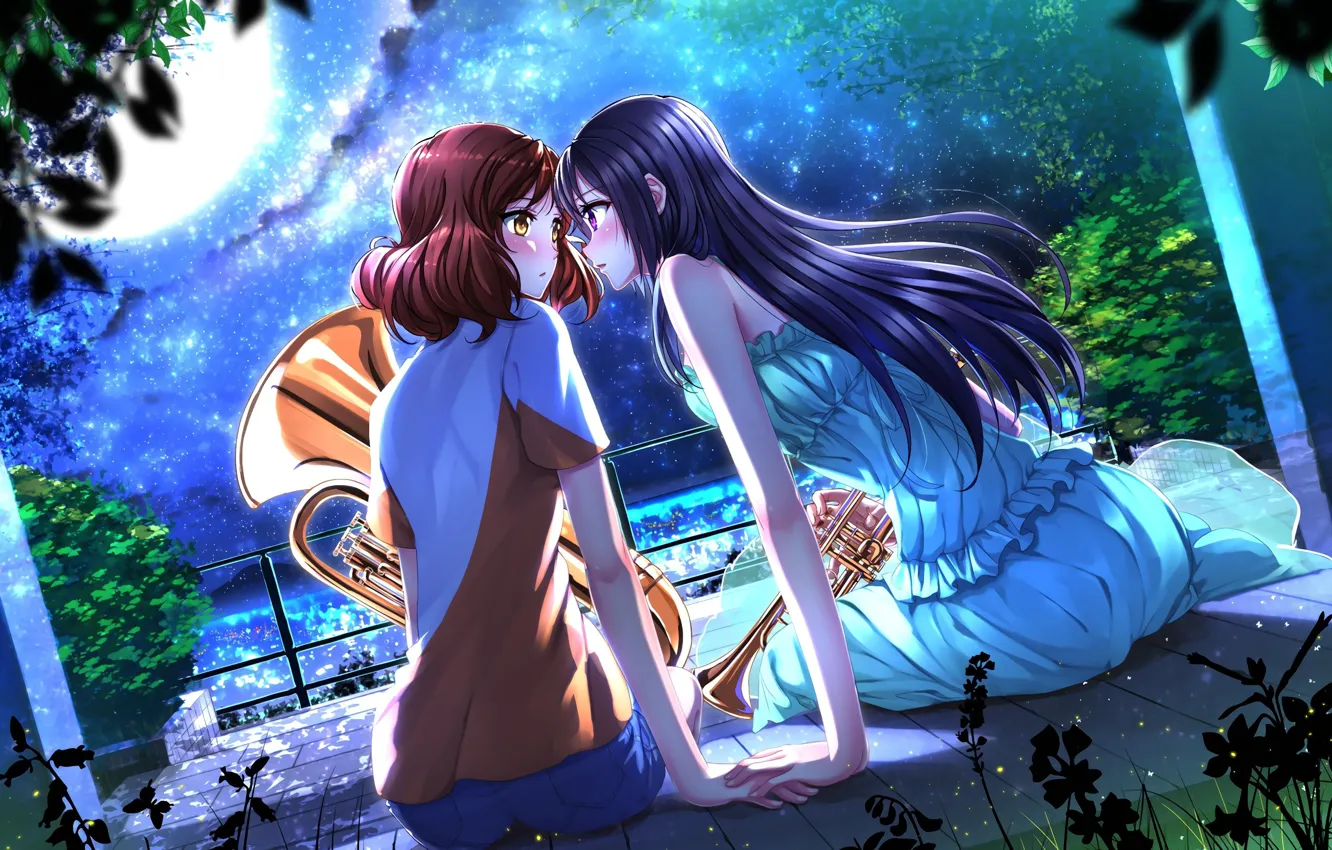 Photo wallpaper girl, love, flower, sky, long hair, anime, night, cloud