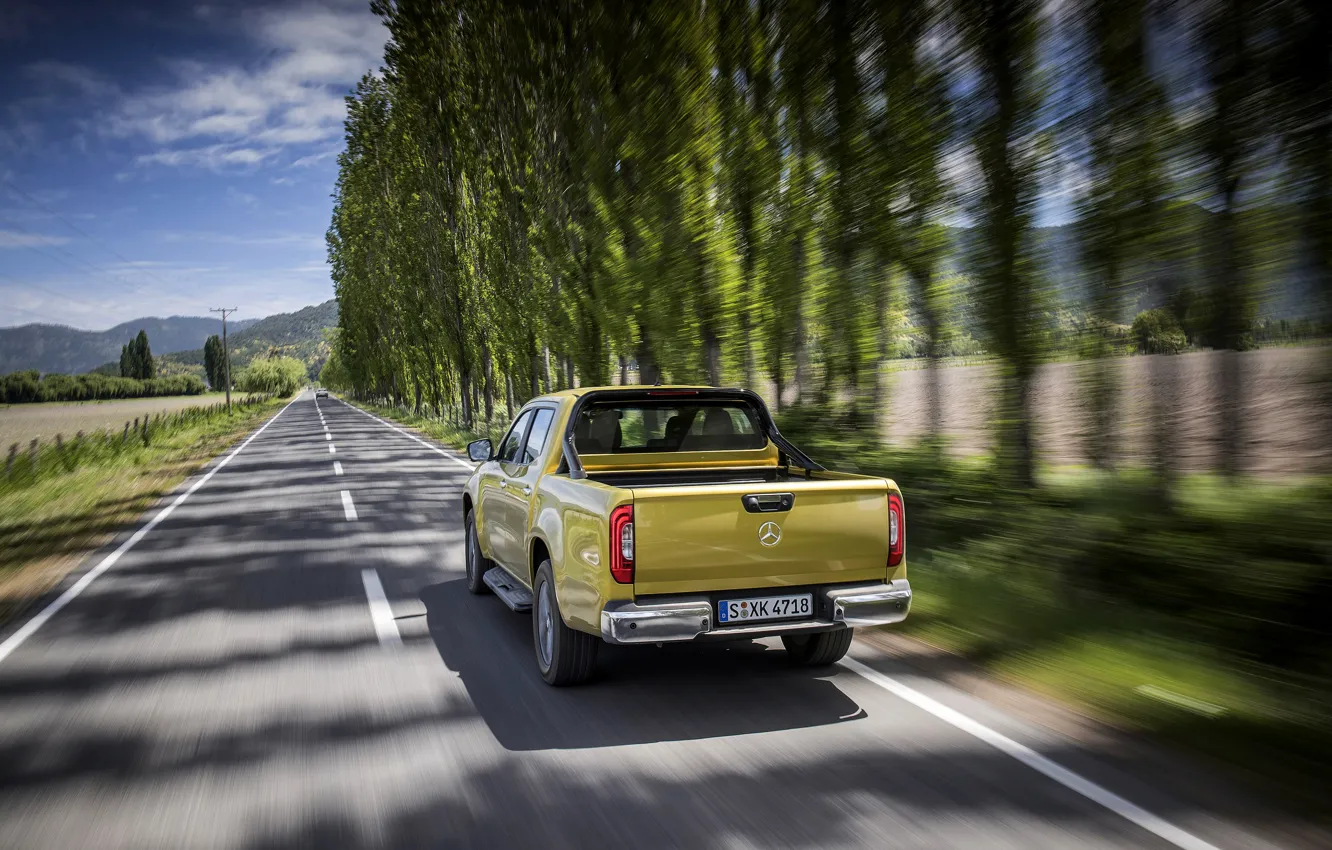 Photo wallpaper road, field, trees, yellow, movement, markup, Mercedes-Benz, pickup