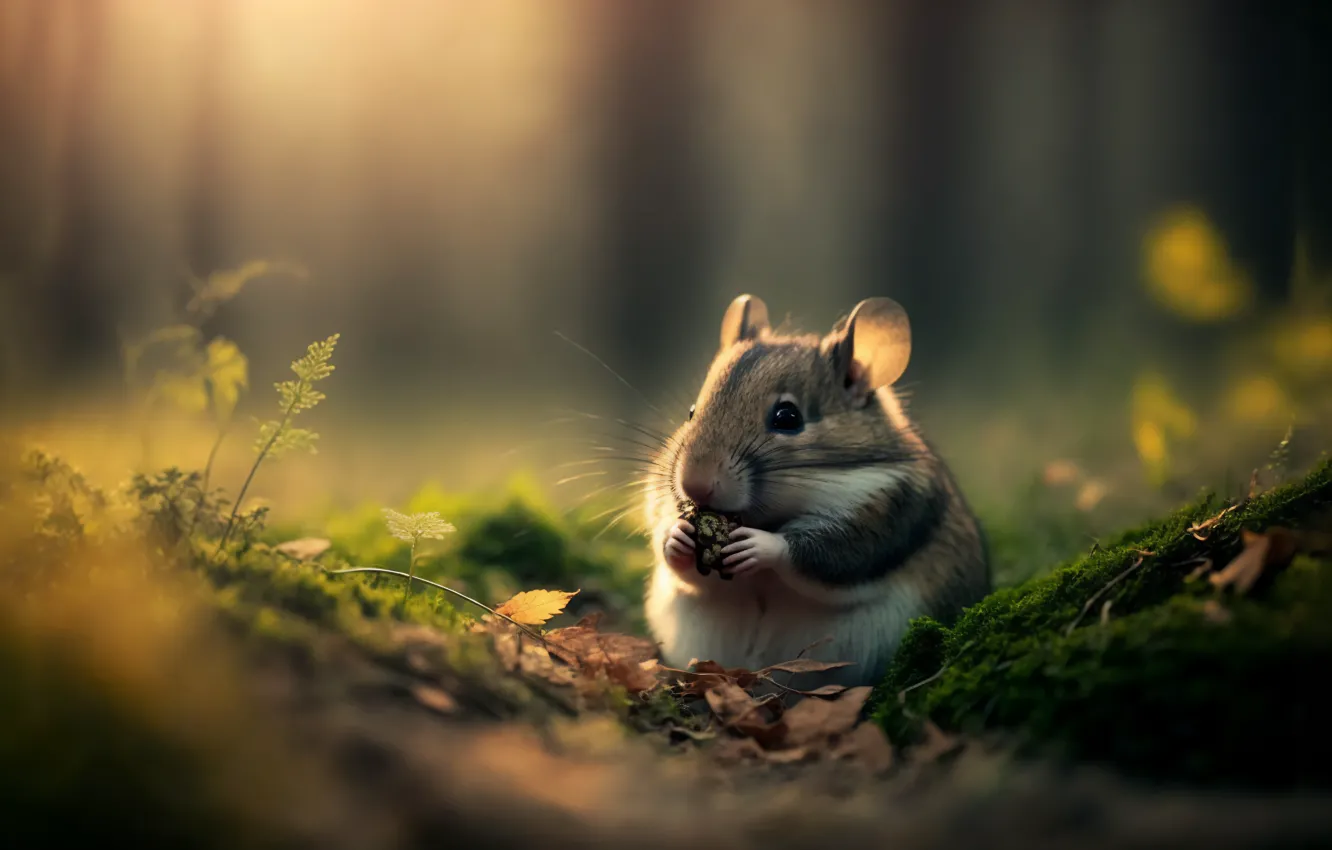 Photo wallpaper animals, mice, eating, moss, depth of field