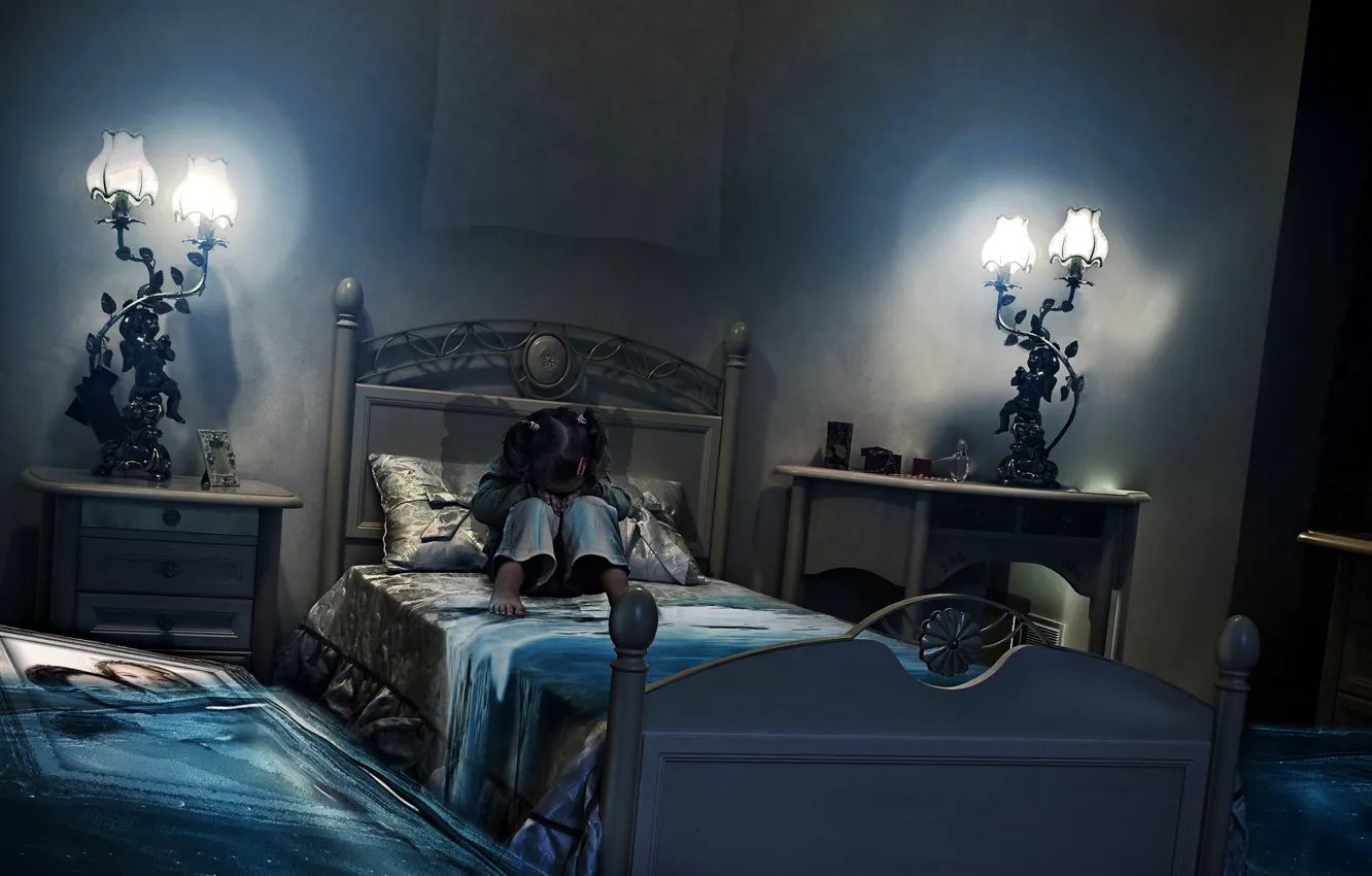 Photo wallpaper room, bed, picture, flood, girl, print, BossLogic, Million Tears