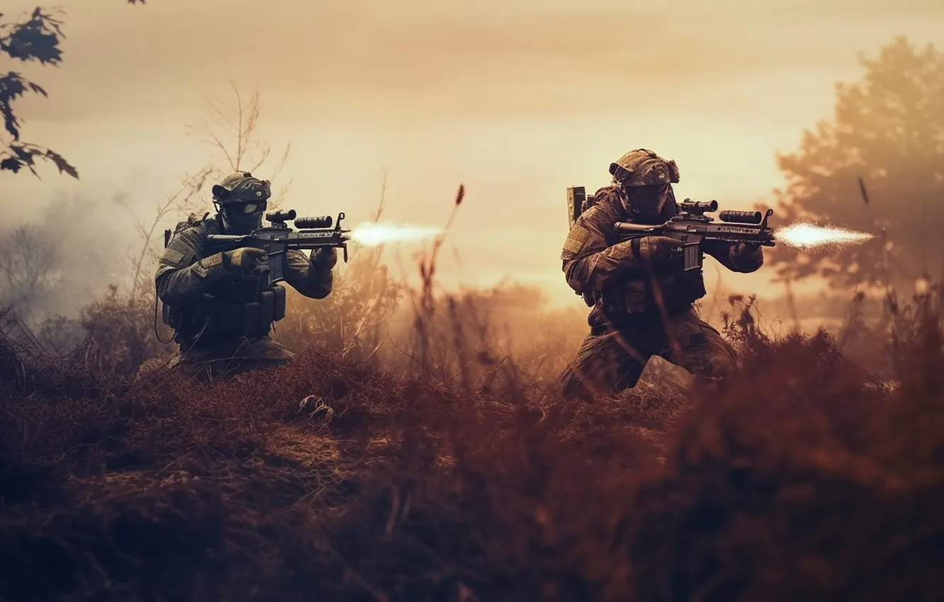 Photo wallpaper grass, shot, soldiers, machine, male, two, equipment, digital art