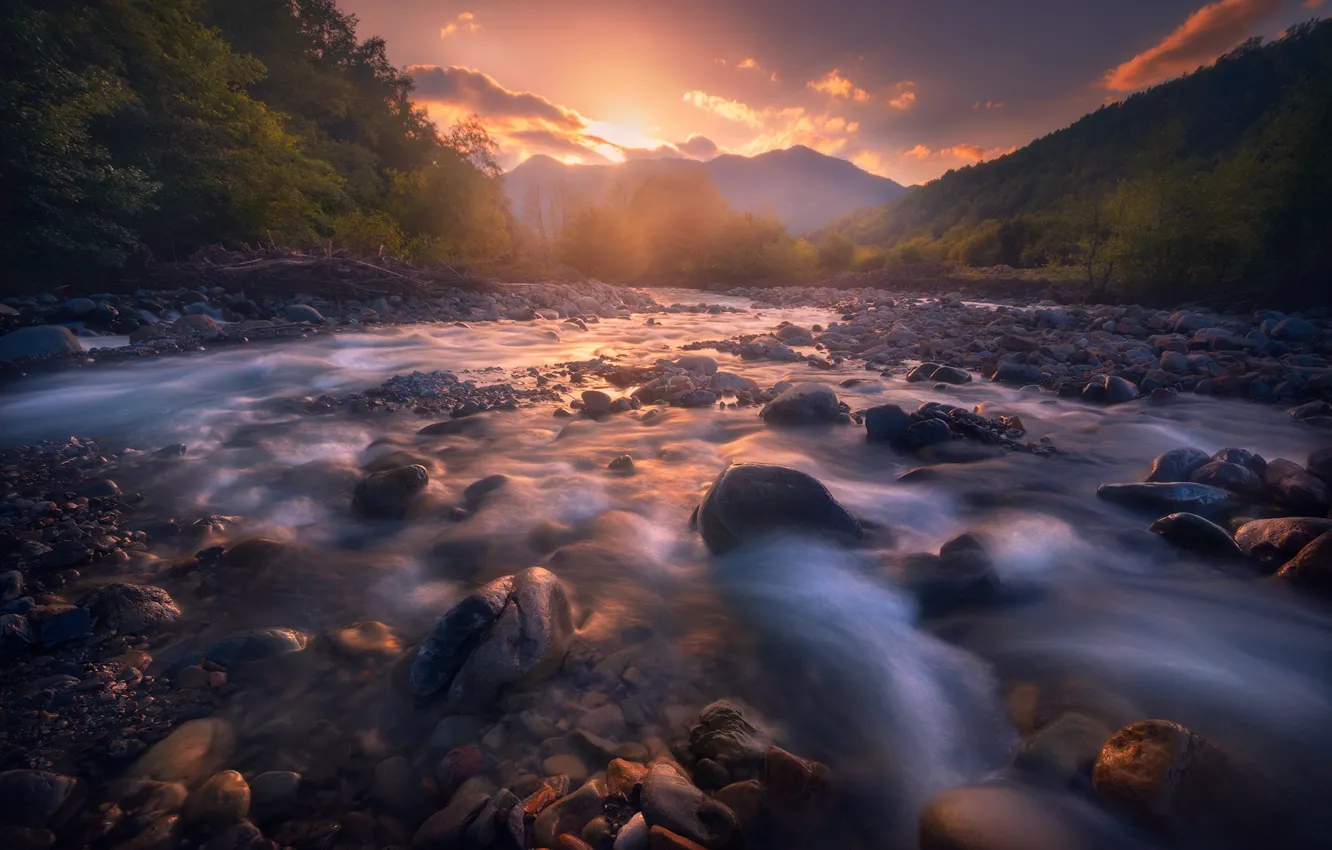 Photo wallpaper the sky, sunset, mountains, river, stones, for