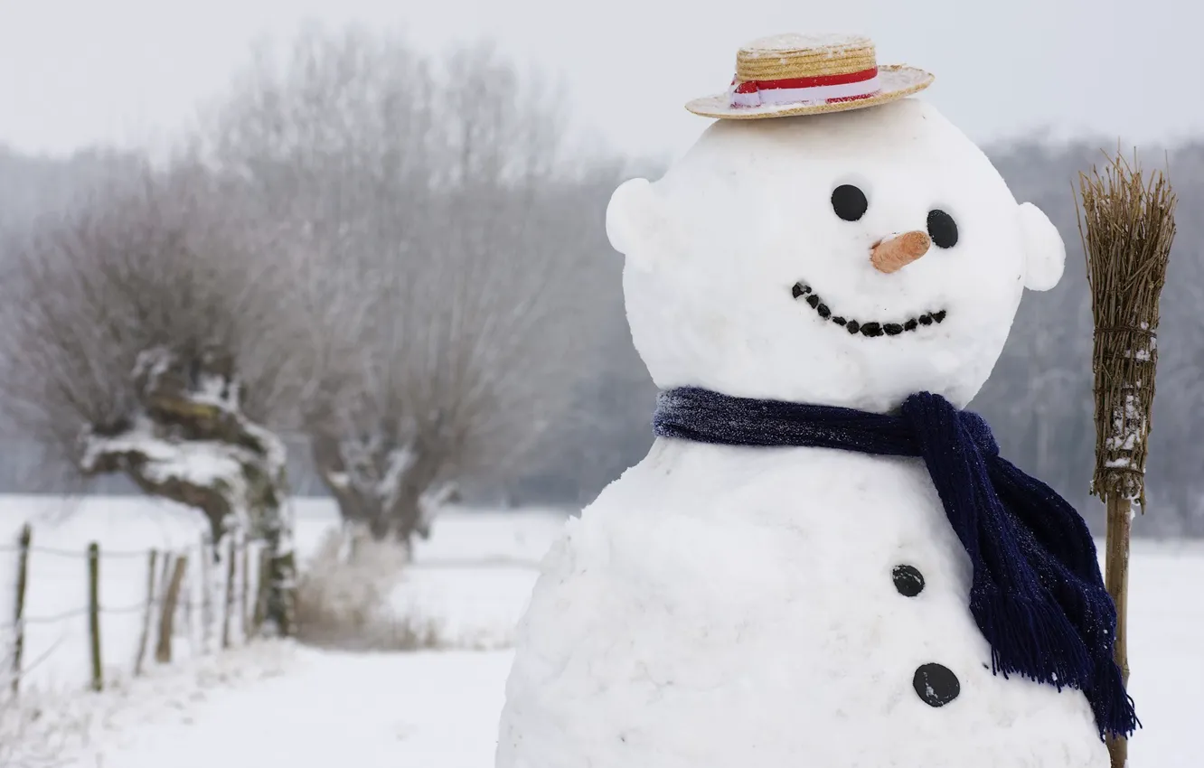 Photo wallpaper winter, smile, scarf, snowman, hat, broom, 1920x1080