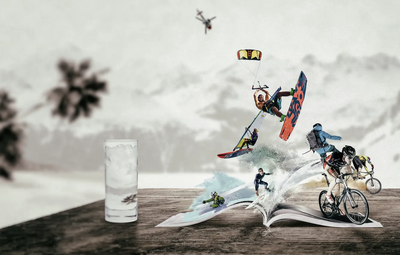 Photo wallpaper collage, ski, Cycling, Surf, sports
