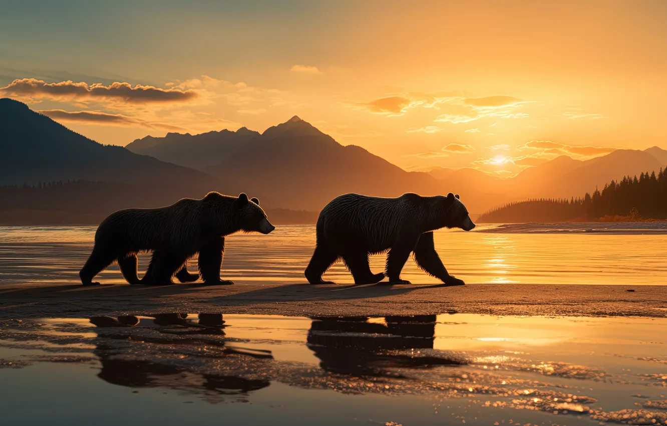 Photo wallpaper sunset, bear, silhouette, walk, AI art, neural network