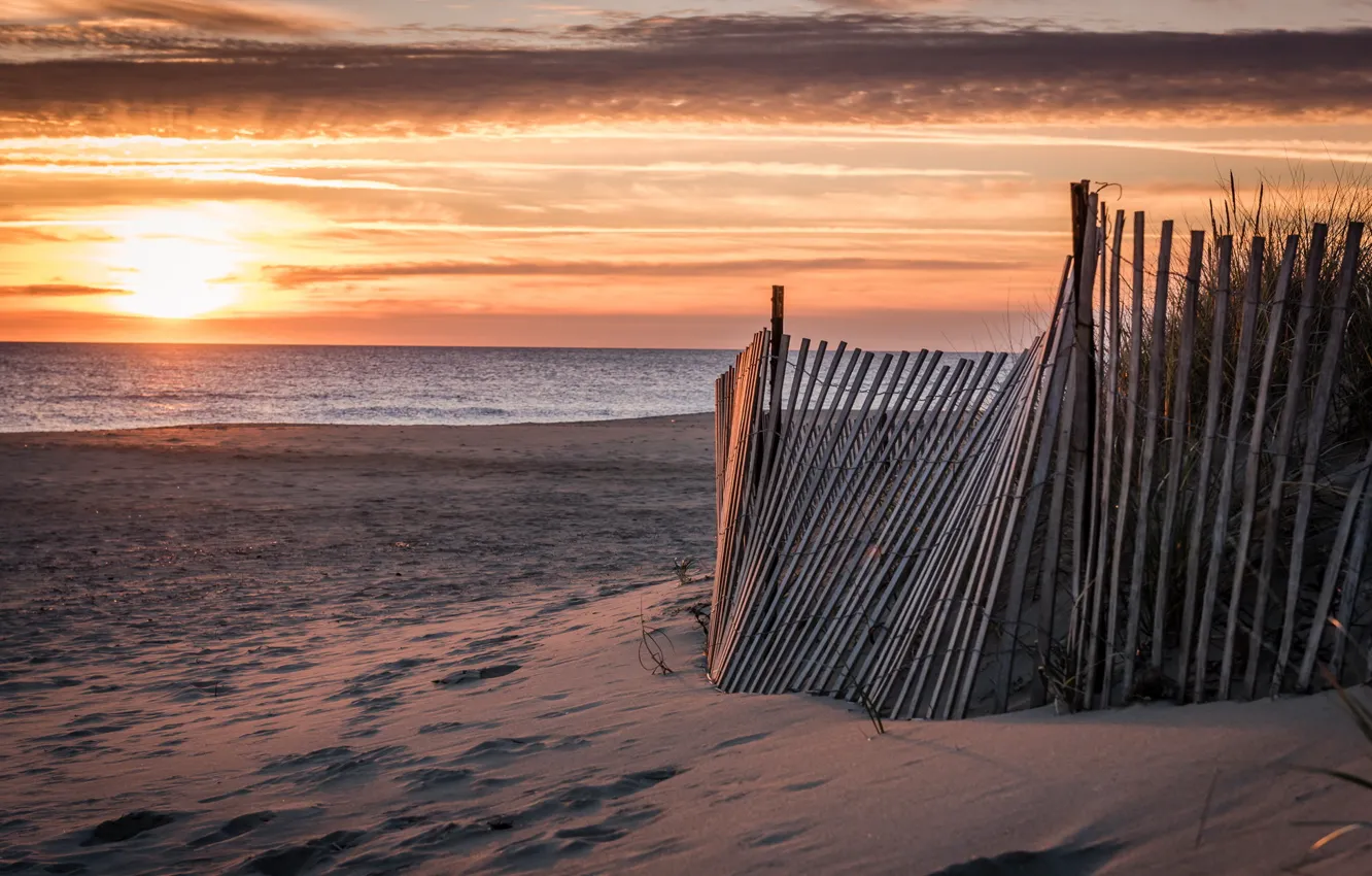Photo wallpaper sea, beach, landscape, sunset, the fence