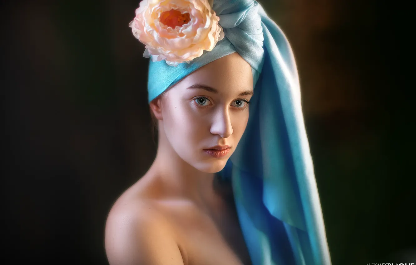 Photo wallpaper flower, look, face, portrait, shoulder, black background, turban, Alexander Drobkov-Light