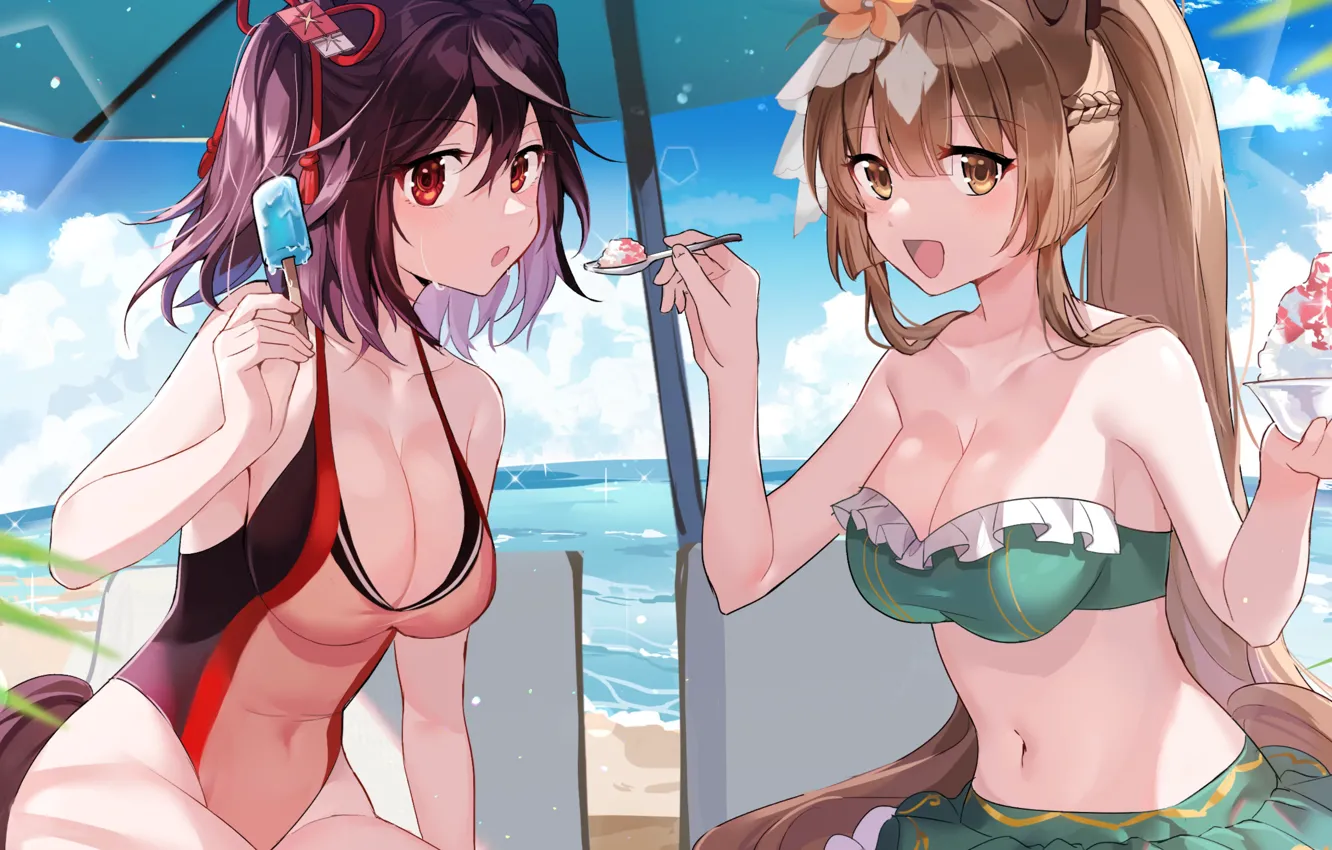 Photo wallpaper girl, sexy, beach, ocean, girls, boobs, anime, swimsuit