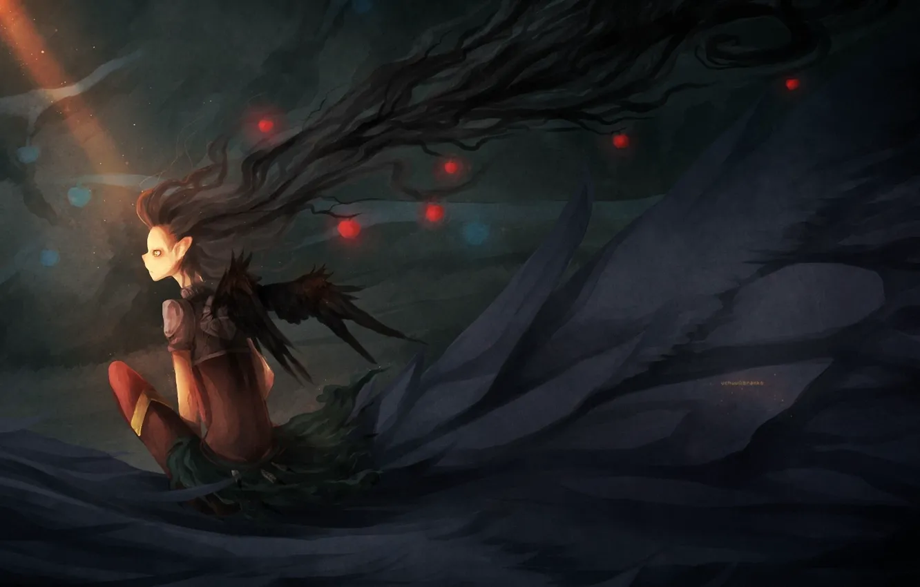 Photo wallpaper night, loneliness, being, the demon, fallen angel, long hair, eared, black wings