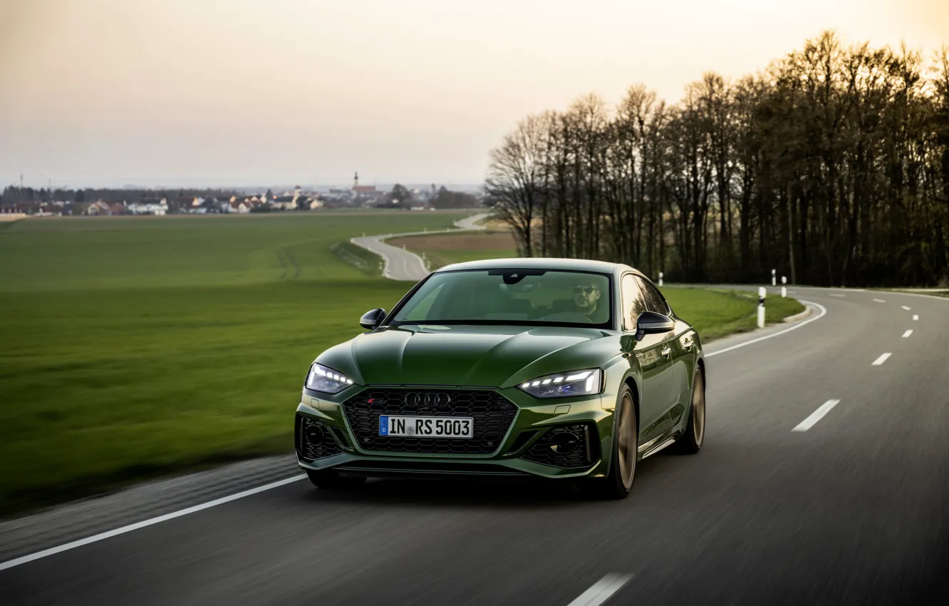 Photo wallpaper road, field, movement, Audi, RS 5, 2020, RS5 Sportback