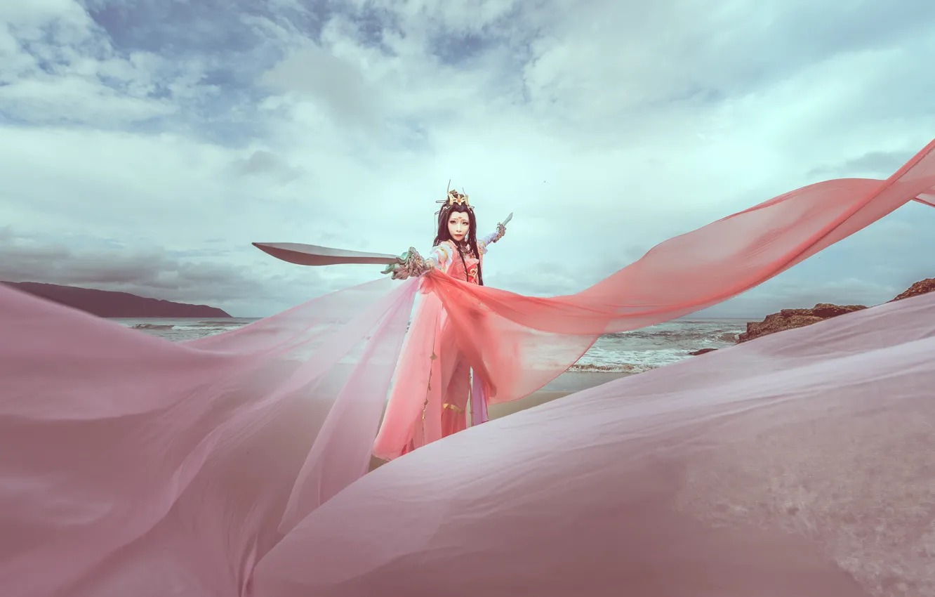 Photo wallpaper sea, the sky, color, sword, dress, fabric, Asian