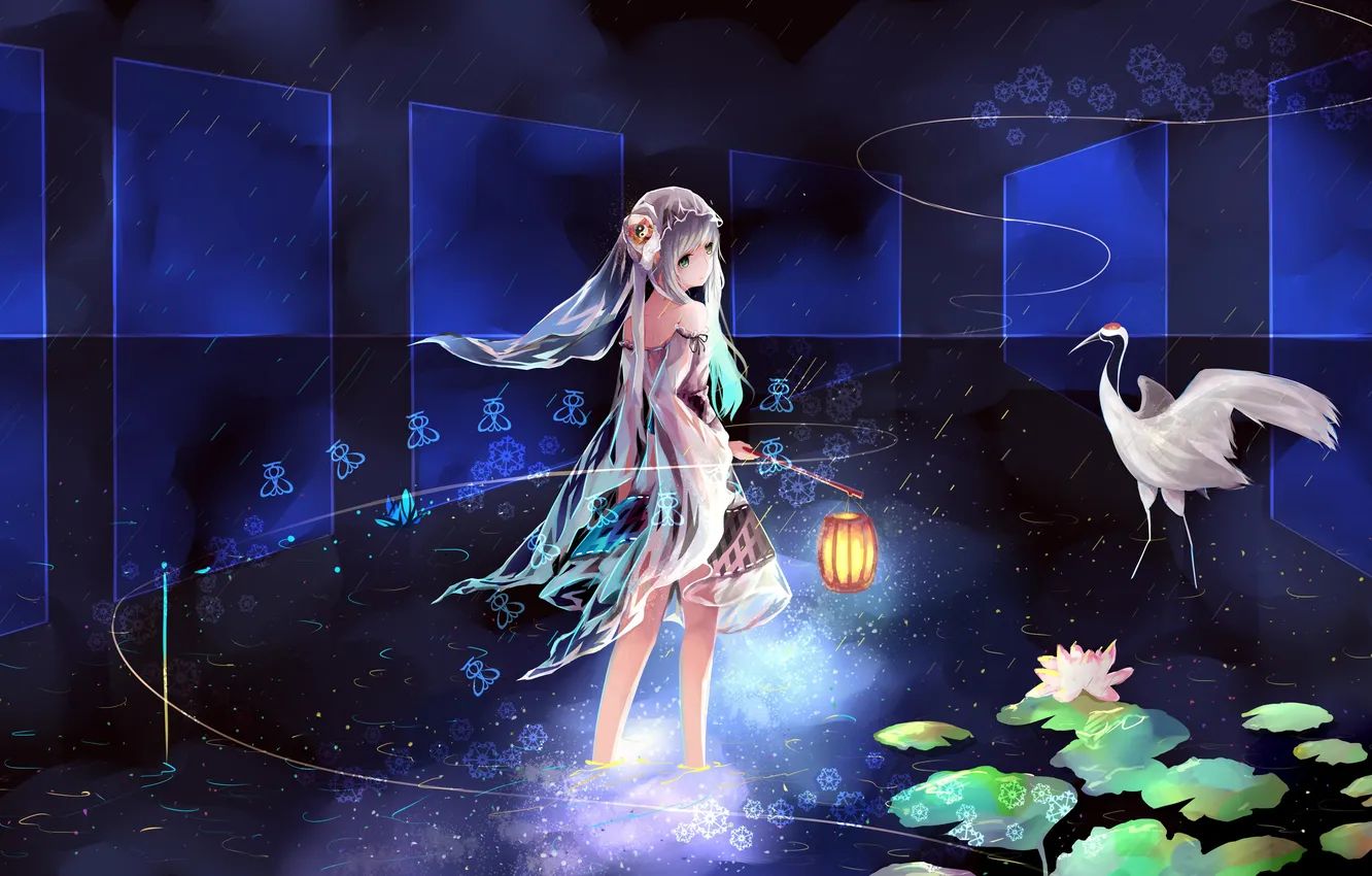 Photo wallpaper water, girl, flowers, bird, anime, art, Lily, lights