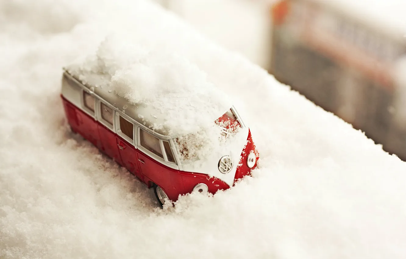 Photo wallpaper winter, snow, toy, bus