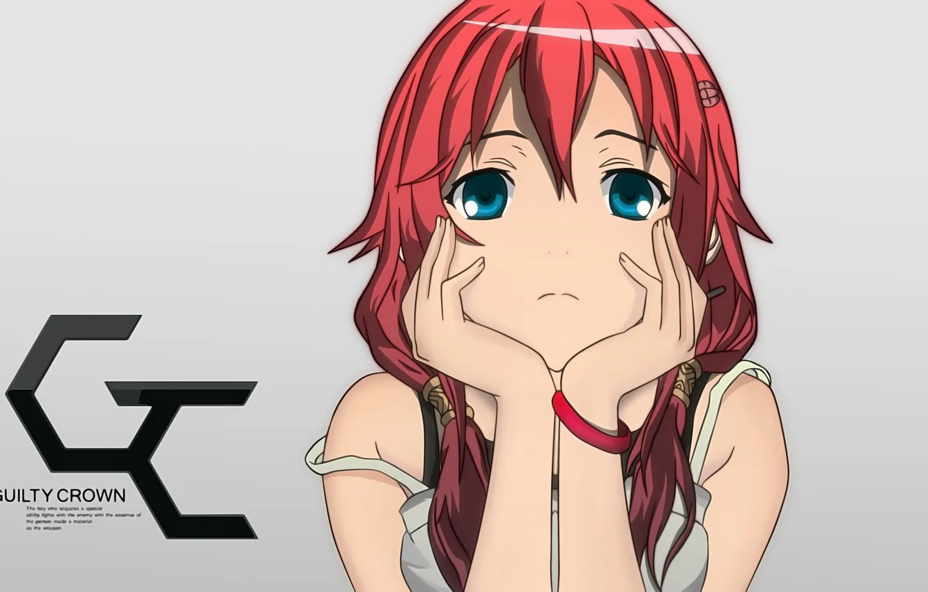 Photo wallpaper girl, hands, grey background, guilty crown, red hair, inori yuzuriha