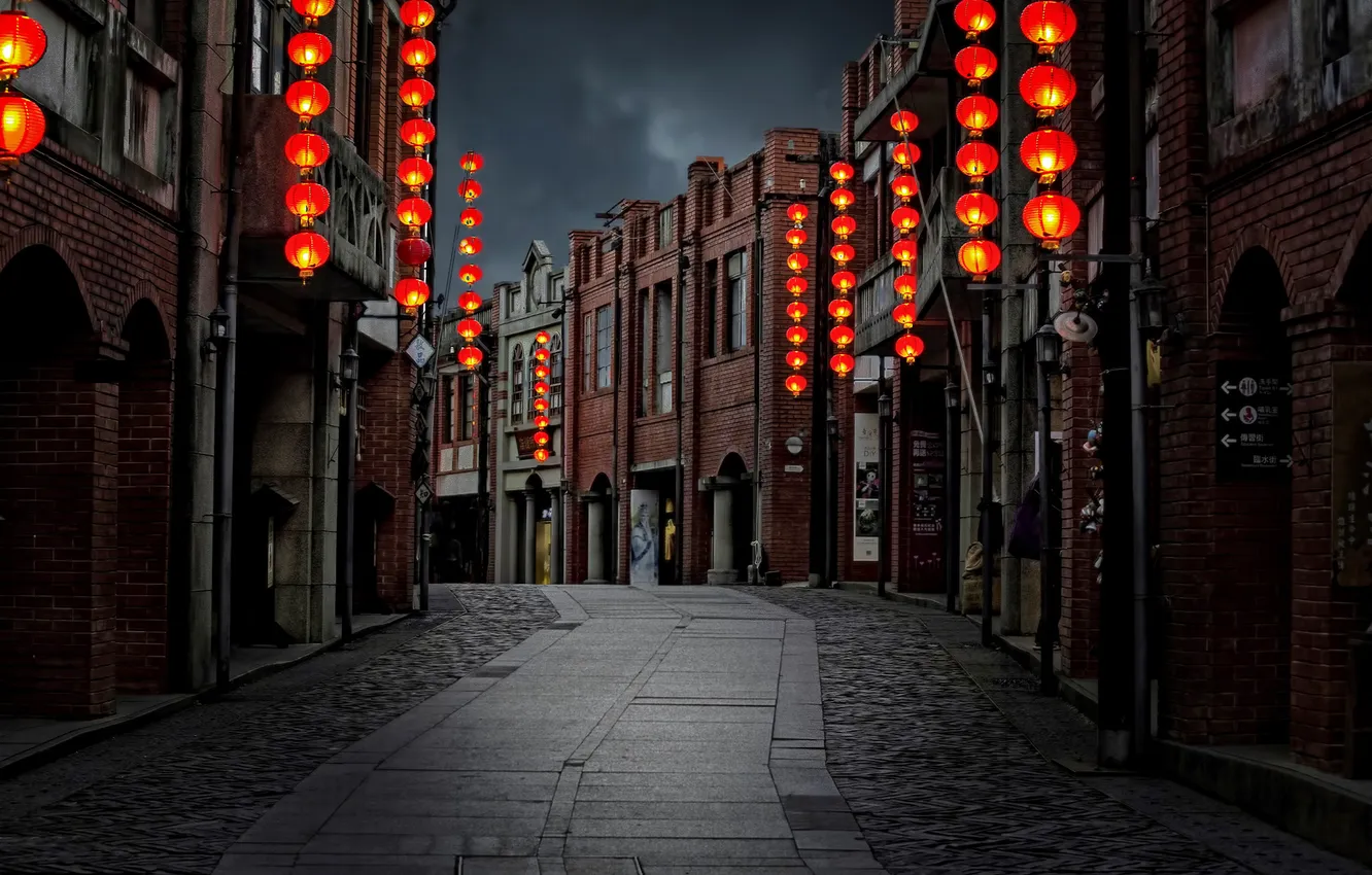 Photo wallpaper street, Taiwan, twilight, lamps