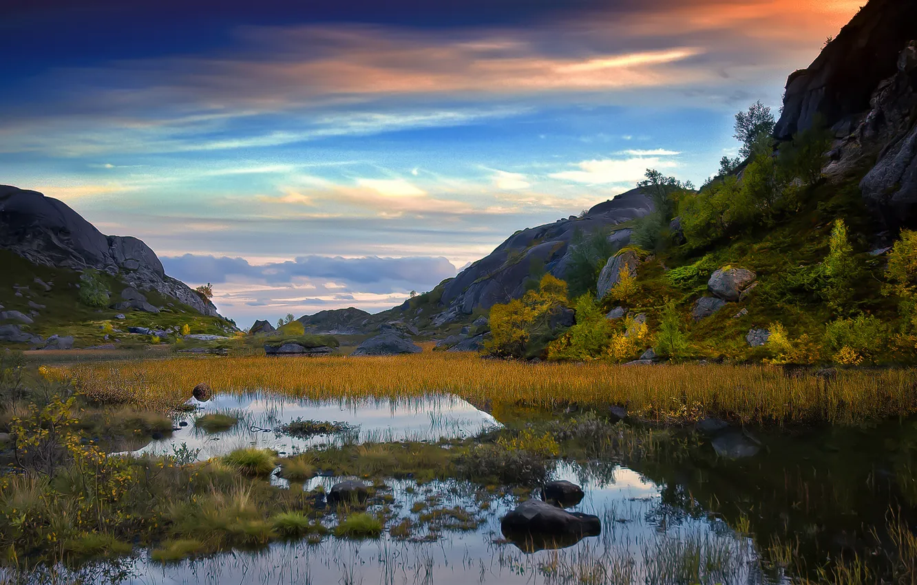 Photo wallpaper mountains, lake, rocks, the evening