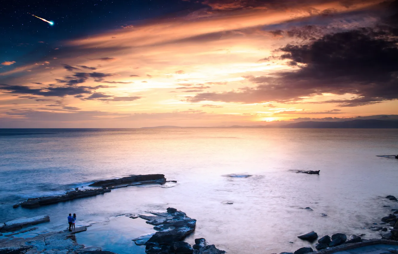 Photo wallpaper sea, landscape, sunset, meeting, comet