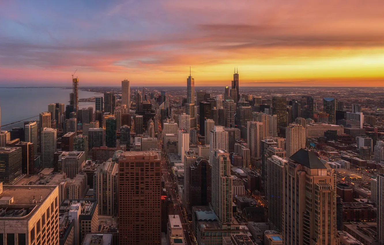 Photo wallpaper sunset, lights, home, Chicago, panorama, USA