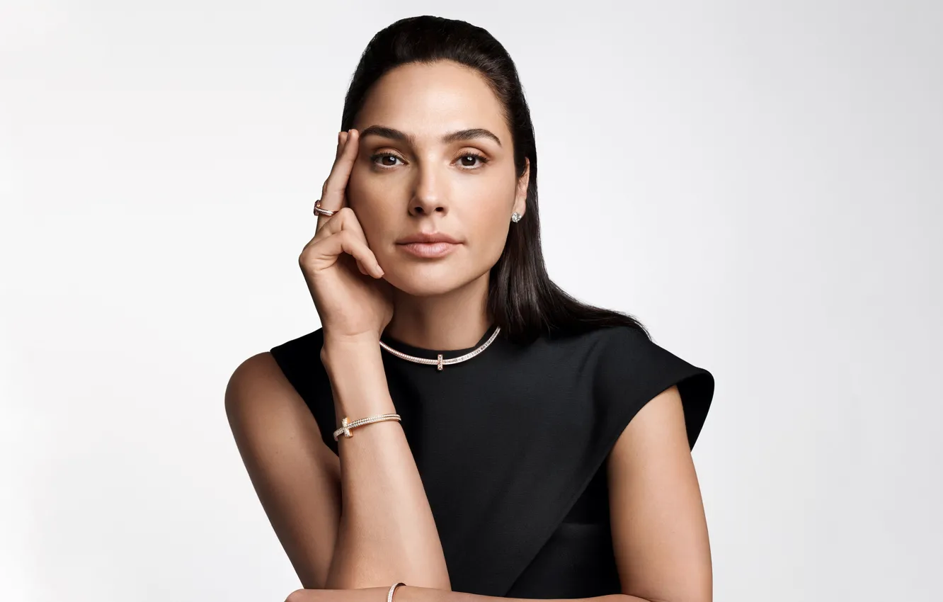 Photo wallpaper actress, brunette, white background, in black, Gal Gadot, 2023, Dal Gadot, Tiffany Magazine