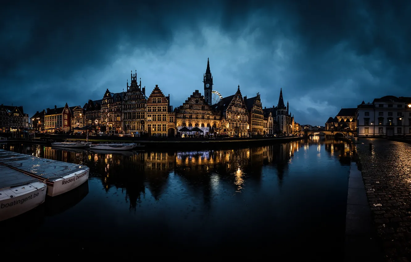 Photo wallpaper night, Belgium, cloudy, Ghent, canals, Flemish Region