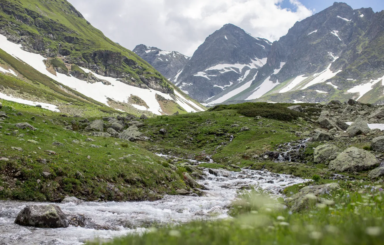Photo wallpaper mountains, mountain river, the Caucasus, Arkhyz, summer in the mountains, Alpine meadows, dukka
