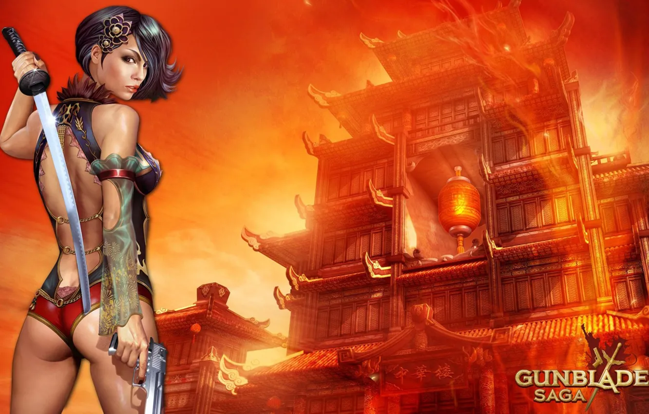 Photo wallpaper girl, gun, weapons, sword, katana, girl, sword, gun