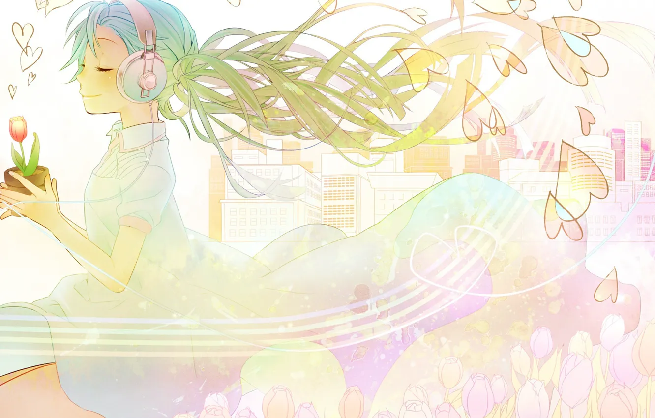 Photo wallpaper Tulip, headphones, hearts, vocaloid, Hatsune Miku, white dress, Vocaloid, blue hair