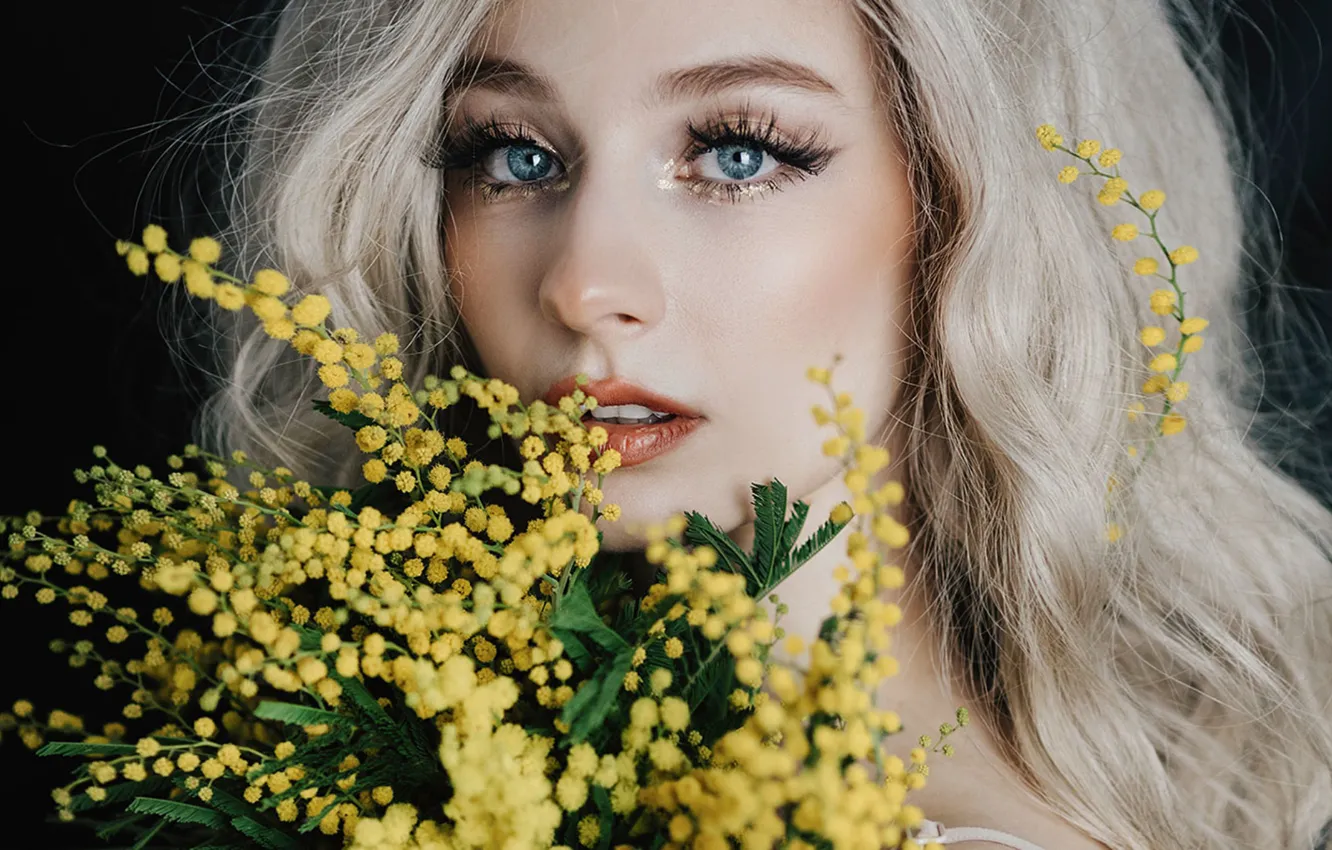 Photo wallpaper eyes, look, girl, flowers, Mimosa, Jovana Rikala