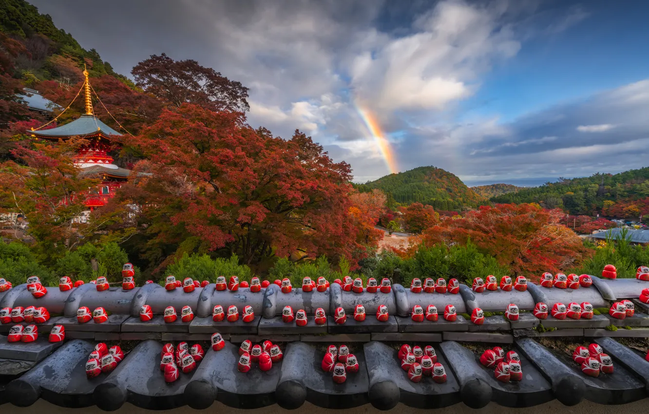Photo wallpaper autumn, trees, rainbow, Japan, temple, pagoda, Japan, darums