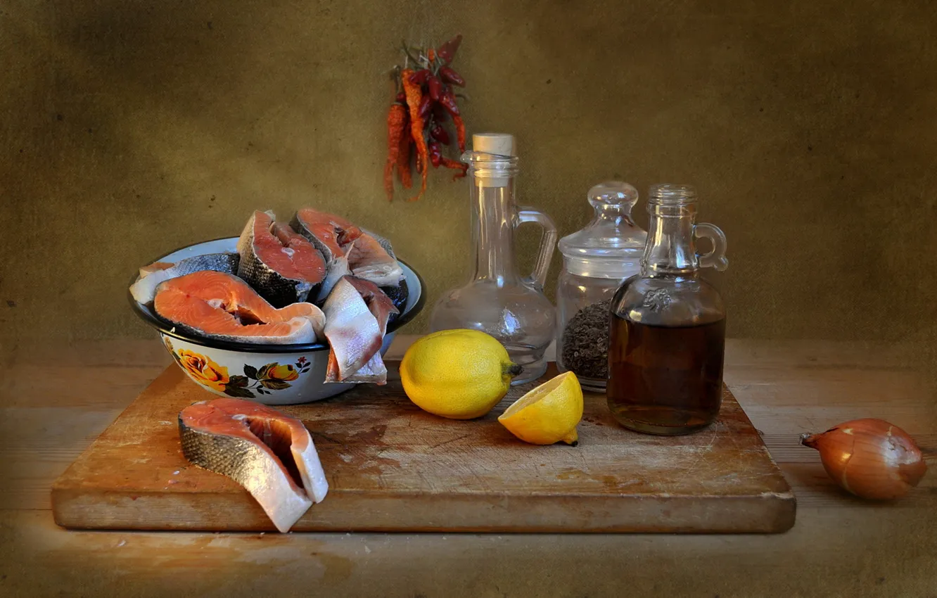 Photo wallpaper fish, dishes, still life, composition, products