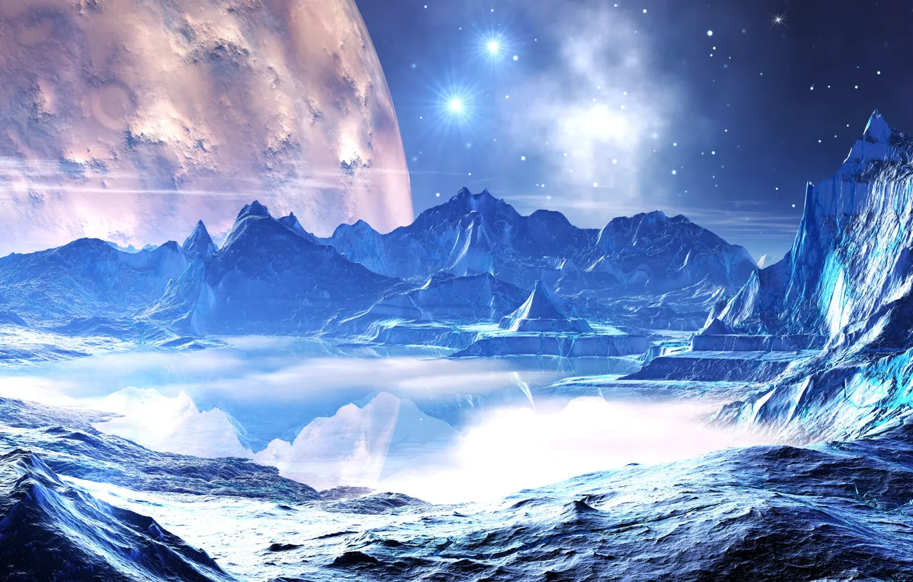 Photo wallpaper water, space, stars, reflection, planet