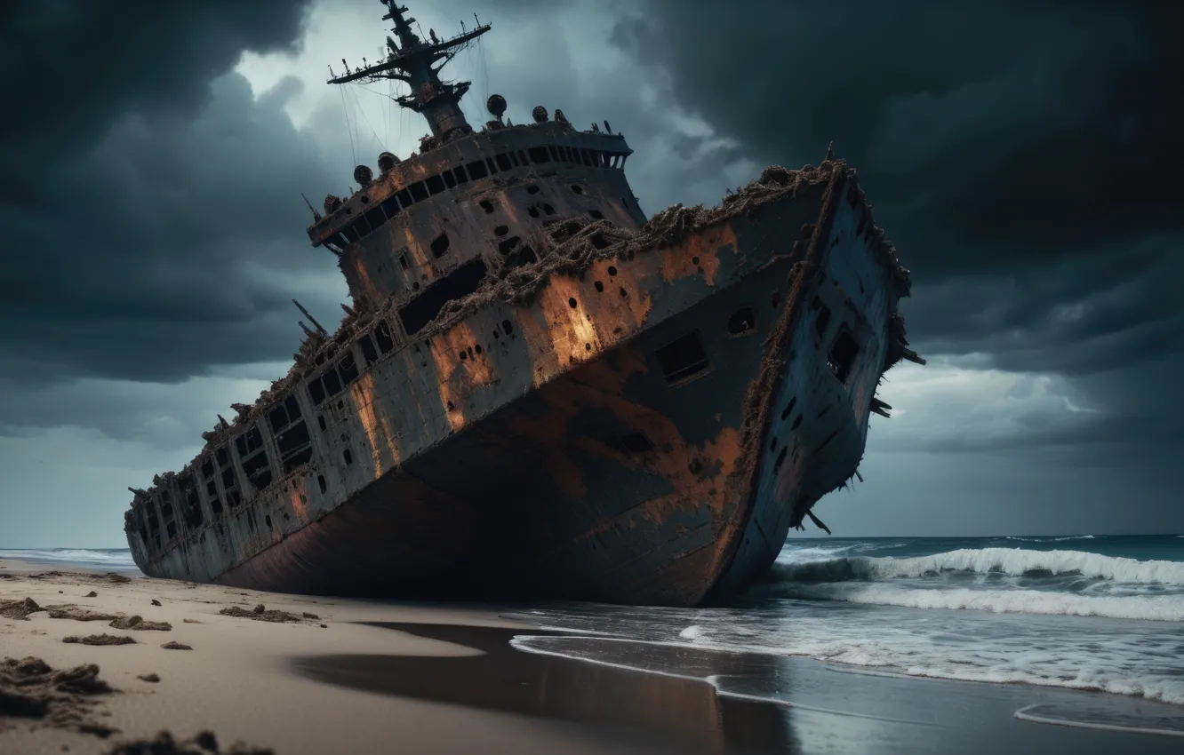 Photo wallpaper beach, ship, the crash