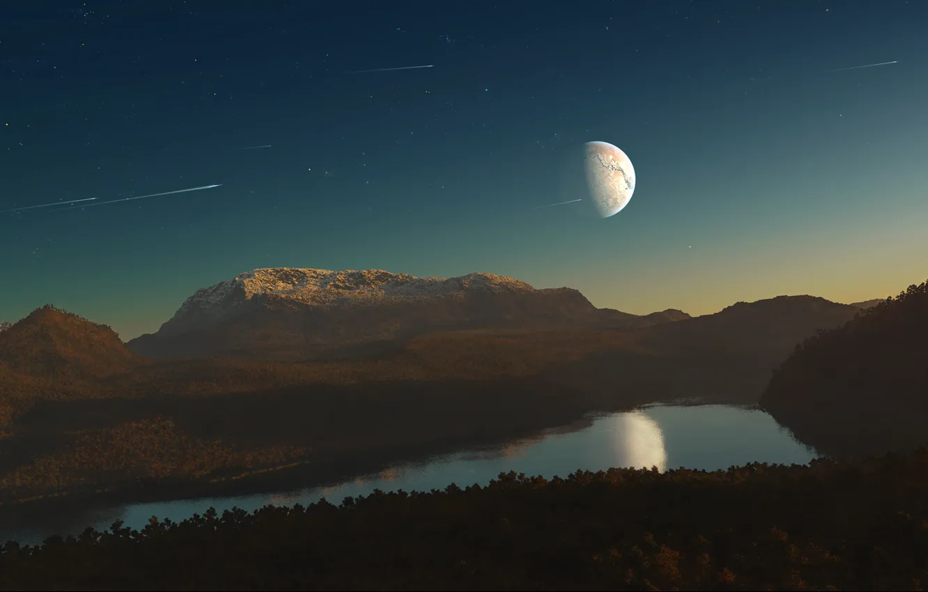 Photo wallpaper forest, the sky, river, planet, satellite, comet, meteors